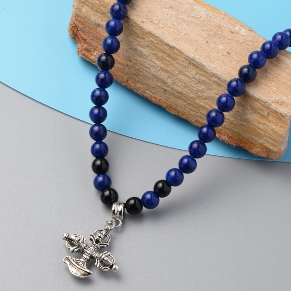 NEW Lapis Lazuli & Black Agate Beaded Necklace with Charm